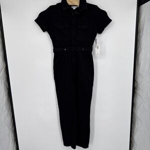 GOOD AMERICAN NWT $199 Black Denim Jean Tie Adjustable Waist Belted Jumpsuit L